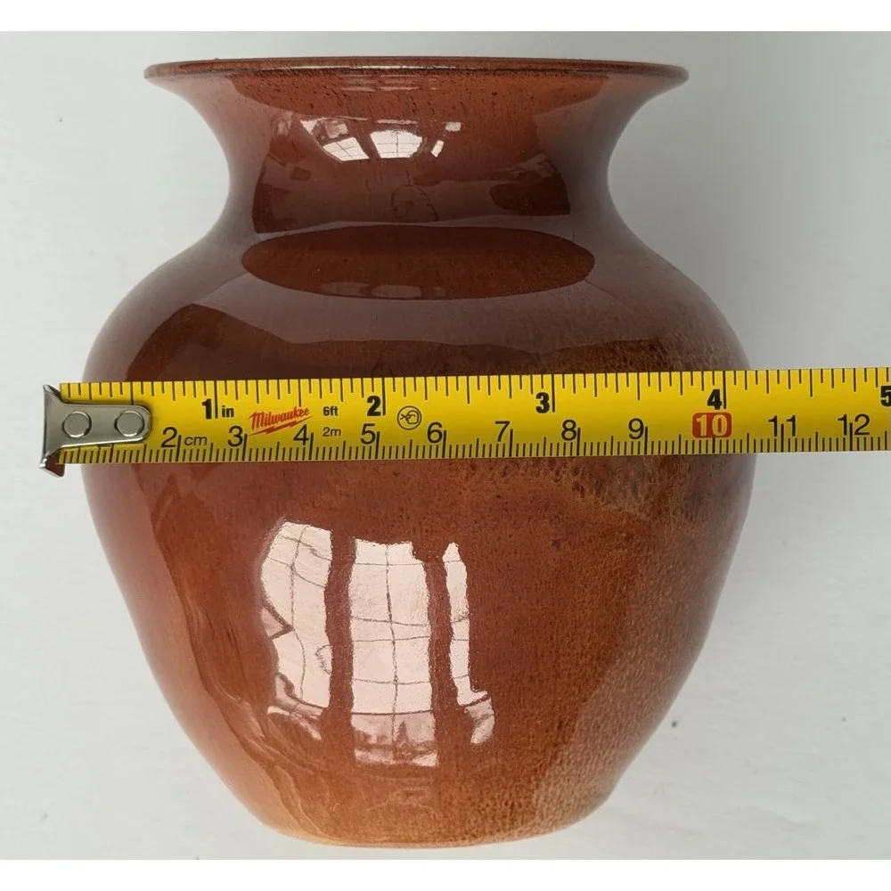 Handmade Earth Tone Glazed Pottery Vase 4 Inch Orange Brown Glossy Clay